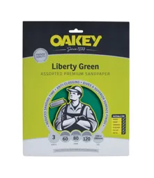 Oakey Green Aluminium Oxide Sandpaper - Assorted Grit, Pack of 3