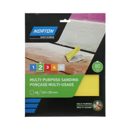 Norton 80 grit Medium Paint, plaster, varnish & wood Hand sanding sheet, Pack of 5