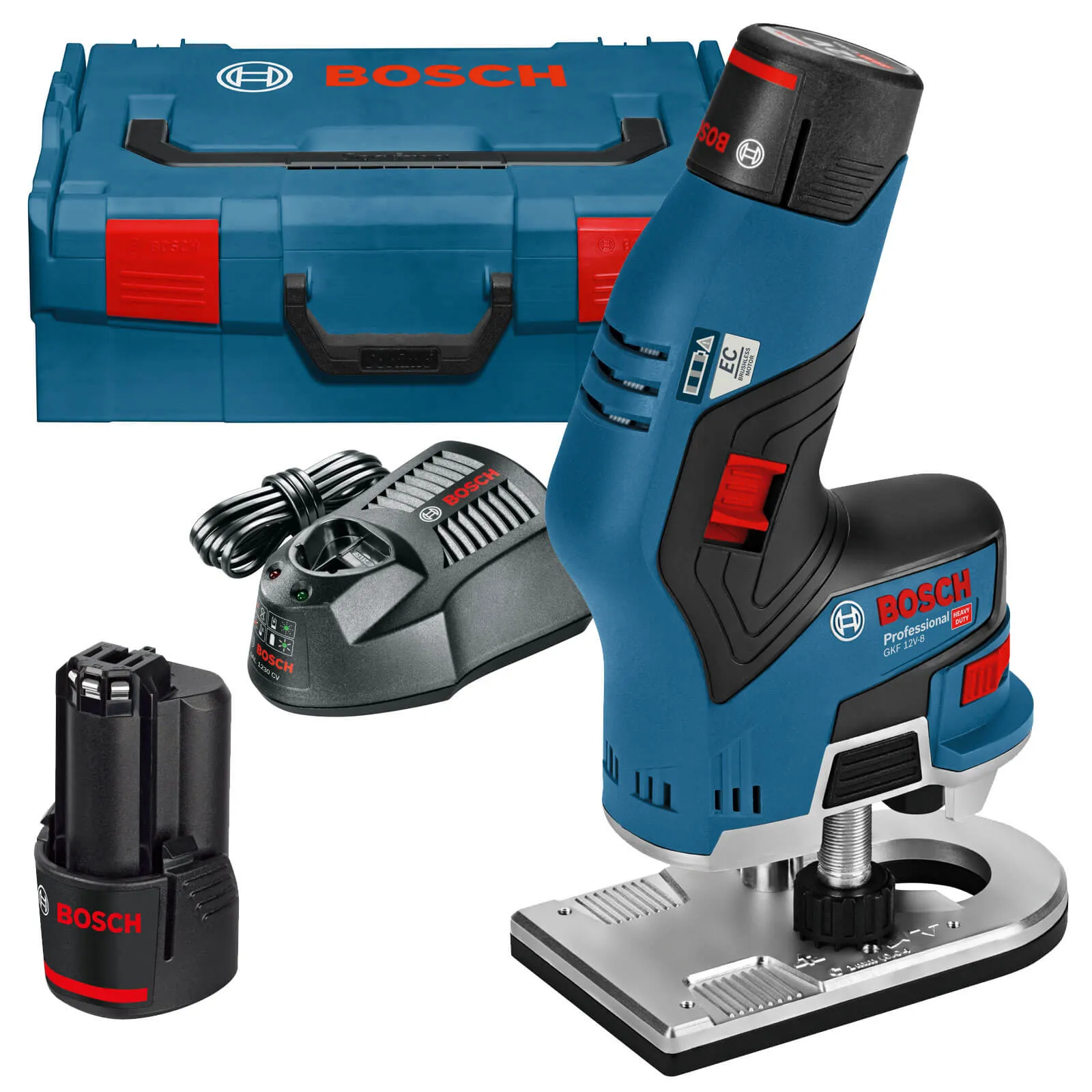 Bosch GKF 12 V-8 12v Cordless Fixed Base Palm Router - 2 x 3ah Li-ion, Charger, Case