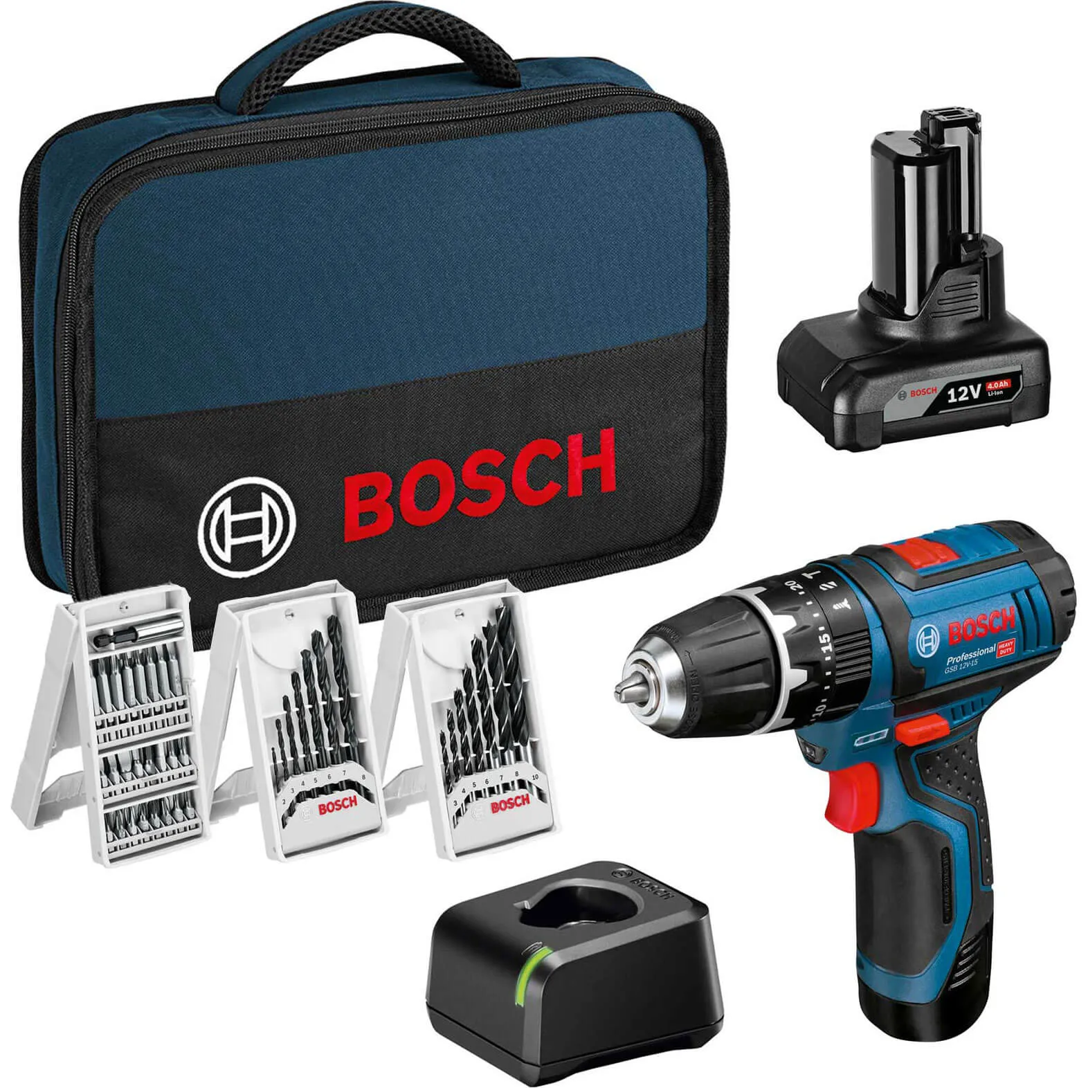 Bosch GSB 12 V-15 12v Cordless Combi Drill - 1 x 2ah & 1 x 4ah Li-ion, Charger, Bag & Accessories