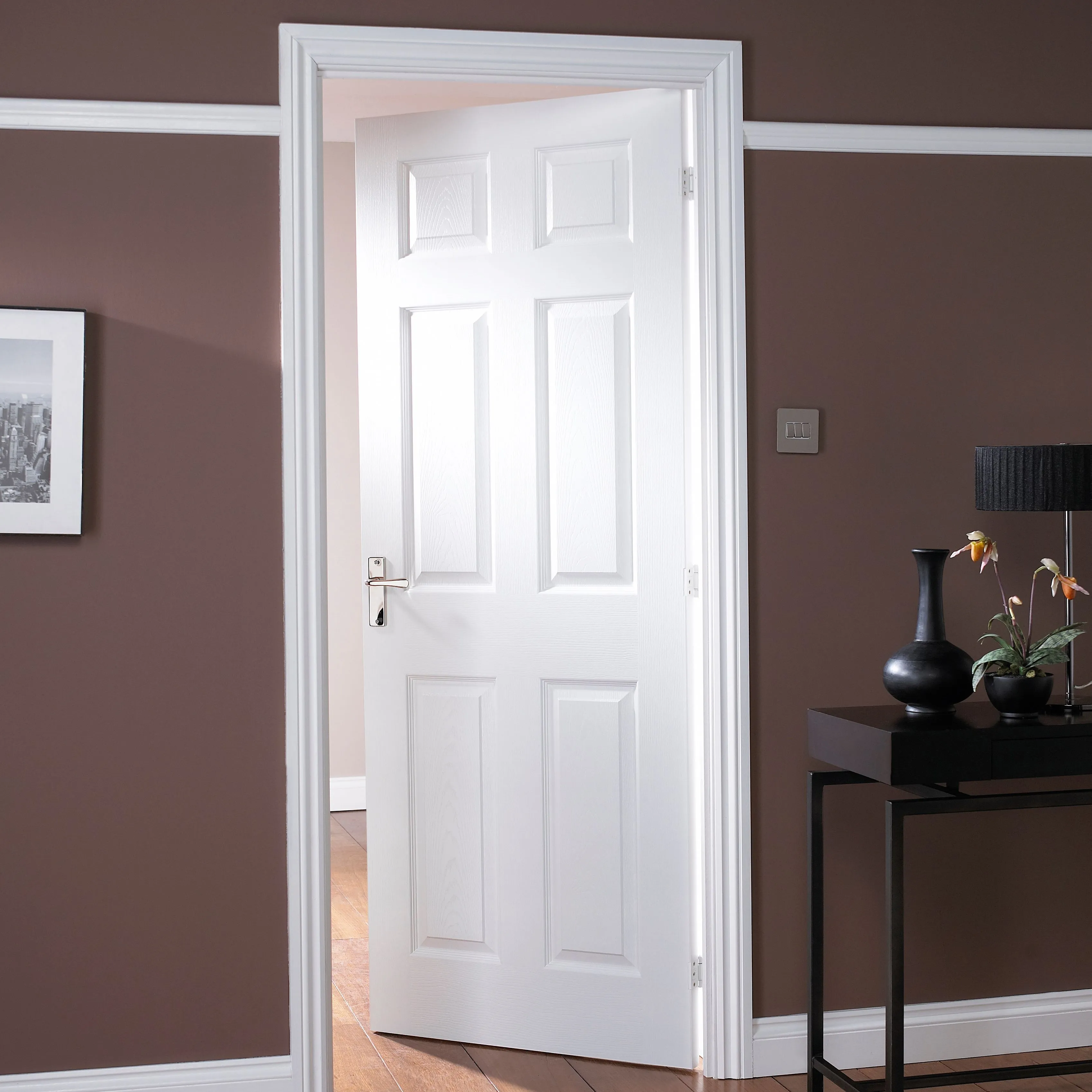 6 panel Primed White Woodgrain effect LH & RH Internal Fire Door, (H)2040mm (W)726mm