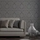 Colours Zara Charcoal Damask Glitter effect Embossed Wallpaper
