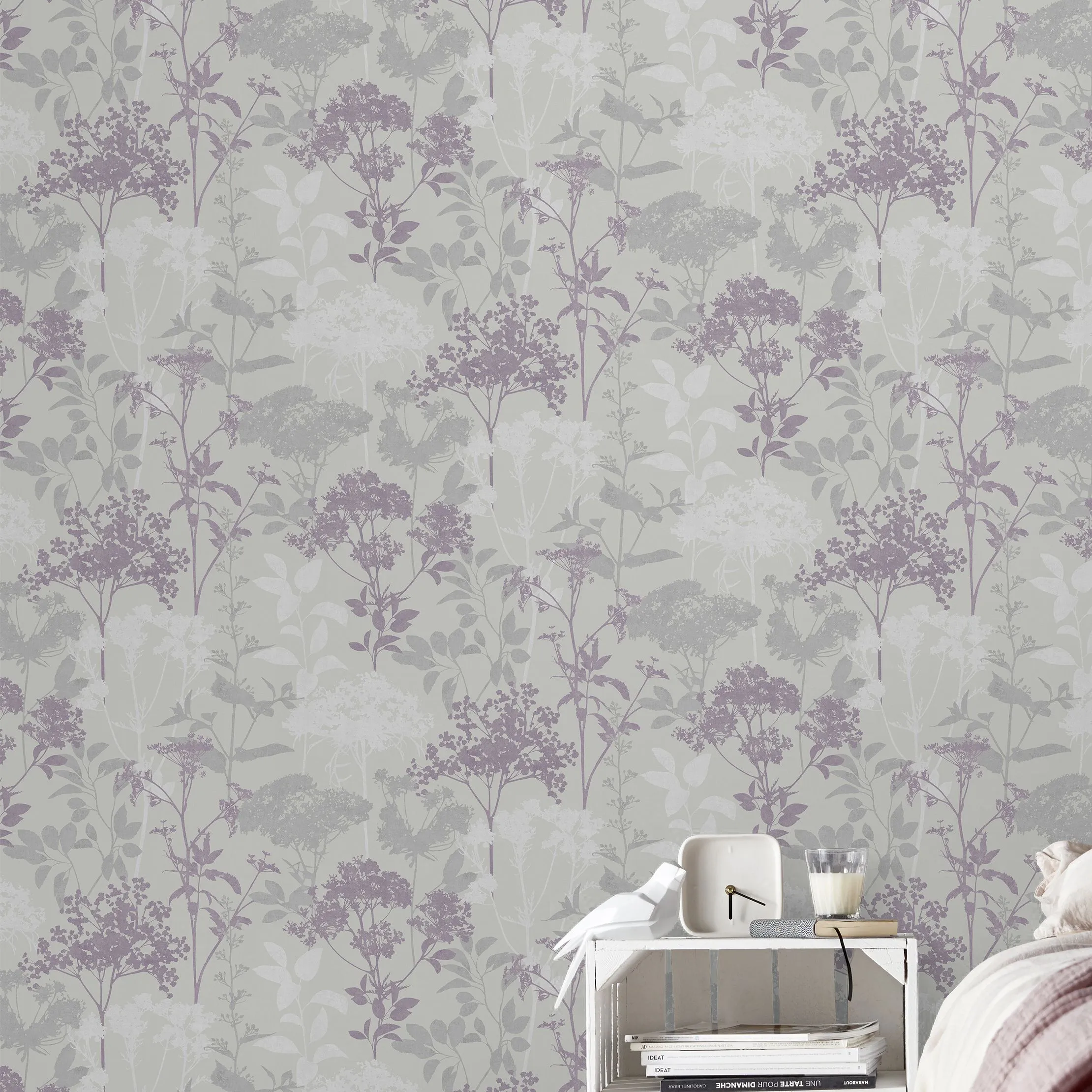 GoodHome Esseri Grey, purple & white Tree Smooth Wallpaper