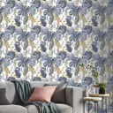 GoodHome Ferula Blue Tropical leaves Textured Wallpaper