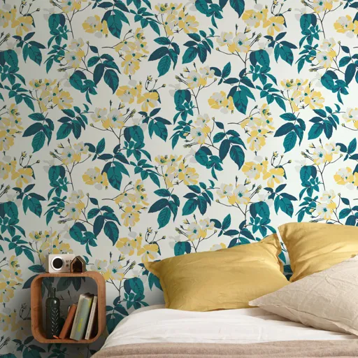 GoodHome Ikok Teal & yellow Floral Pearl effect Smooth Wallpaper