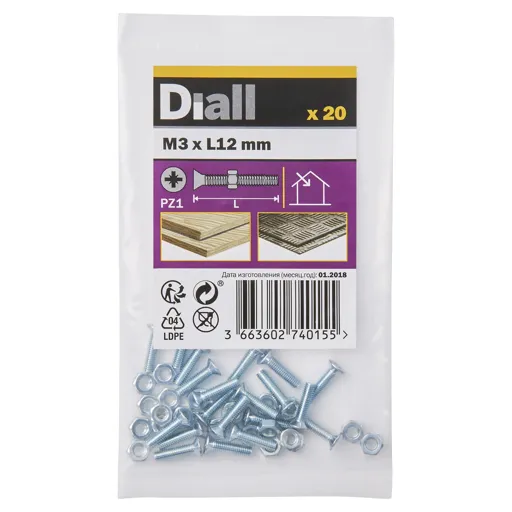 Diall M3 Carbon steel Countersunk Machine screw & nut (L)12mm, Pack of 20