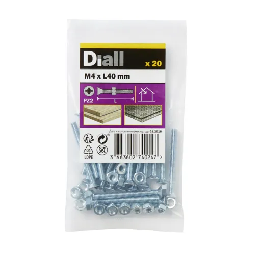 Diall M4 Carbon steel Countersunk Machine screw & nut (L)40mm, Pack of 20