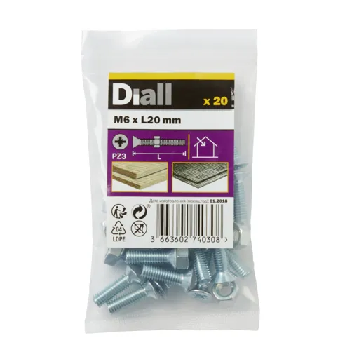 Diall M6 Carbon steel Countersunk Machine screw & nut (L)20mm, Pack of 20