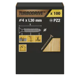 TurboDrive PZ Double-countersunk Yellow-passivated Steel Wood screw (Dia)4mm (L)30mm, Pack of 100