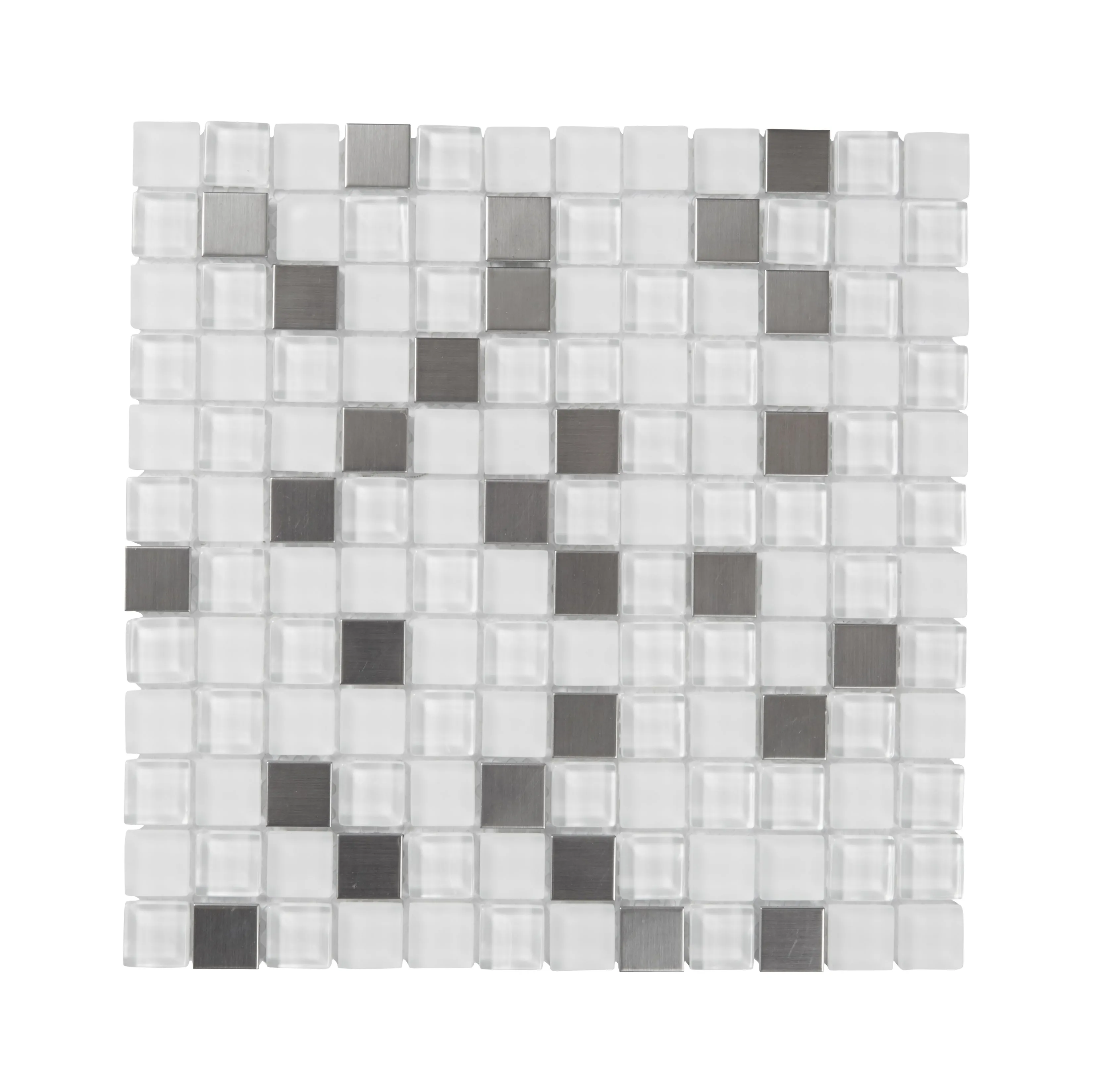 Prate Grey & white Frosted Glass & stainless steel Mosaic tile, (L)300mm (W)300mm
