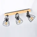 Die ceiling lamp, wooden look, 3 cage lampshades
