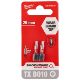 Milwaukee Shockwave Impact Duty Security Torx Screwdriver Bits - TXBO10, 25mm, Pack of 2