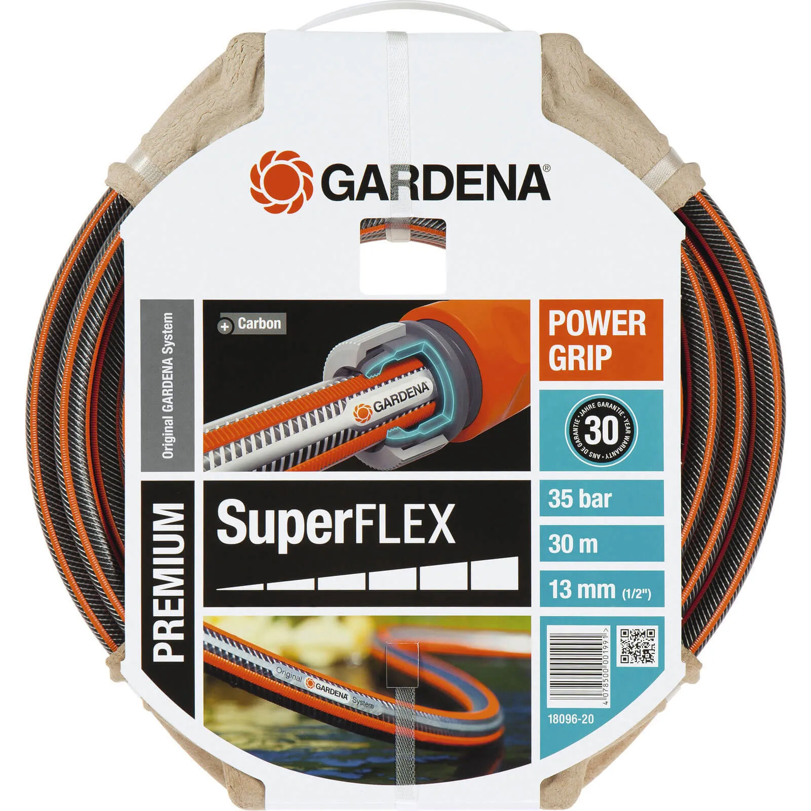 Gardena SuperFlex Premium Hose Pipe - 1/2" / 12.5mm, 30m, Black / Orange