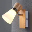 Appealing wooden spotlight Vivica, glass lampshade