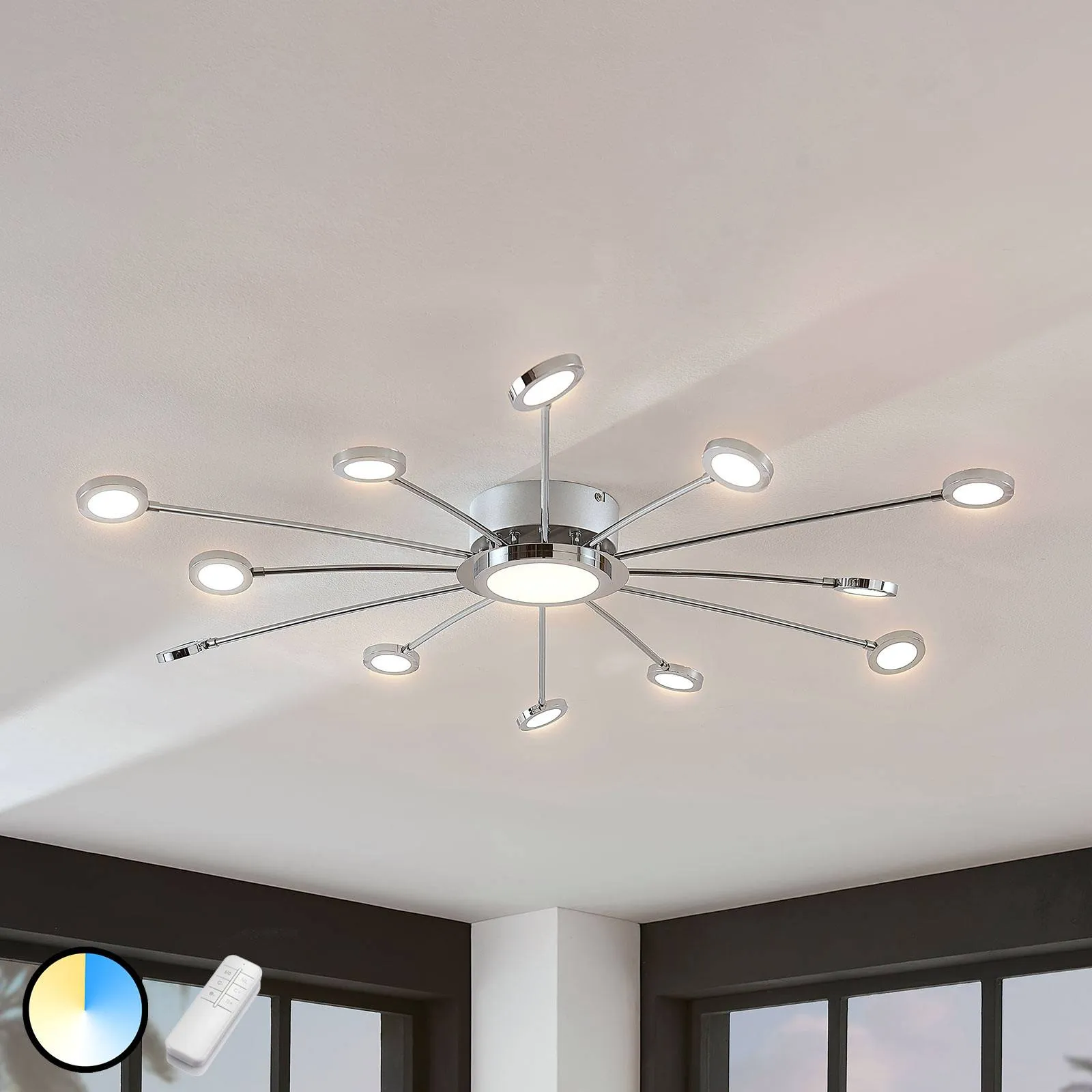 Large bright LED ceiling lamp Meru, remote control