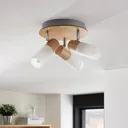 Wooden LED ceiling spotlight Christoph, three-bulb