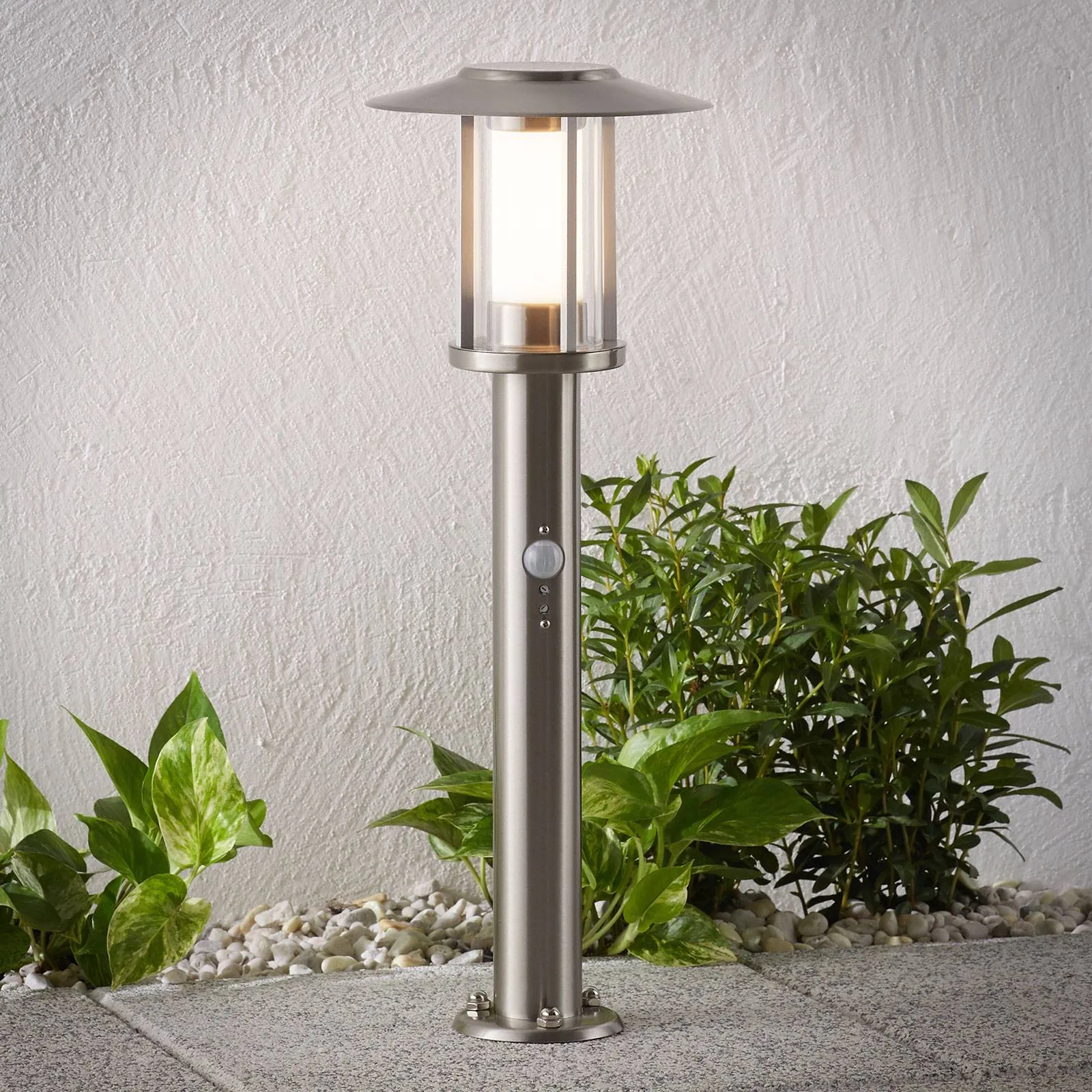 Gregory LED pillar lamp, stainless steel, sensor