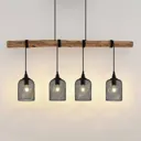 Lindby Elrond hanging light with wood, four-bulb