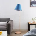 Lucande Jinda floor lamp, wooden frame blue fabric