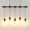 Lindby Sibillia hanging light with wood, five-bulb