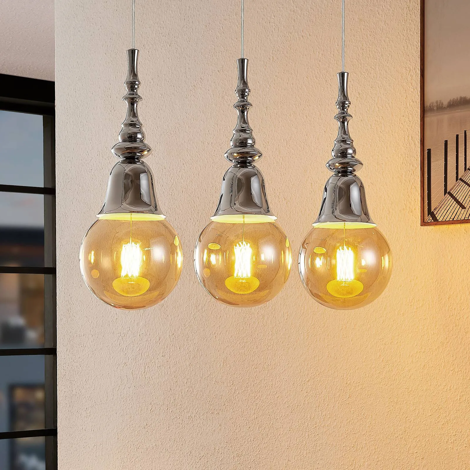Lucande Gesja pendant lamp, 3-bulb, long, chrome
