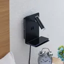 Lucande Zavi LED wall spotlight, shelf, USB, black