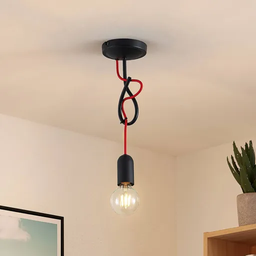 Lucande Jorna hanging light, one-bulb, red cable