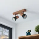 Lindby Tonja ceiling spotlight with wood, two-bulb