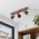 Lindby Tonja ceiling spotlight with wood, 3-bulb