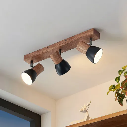 Lindby Tonja ceiling spotlight with wood, 3-bulb