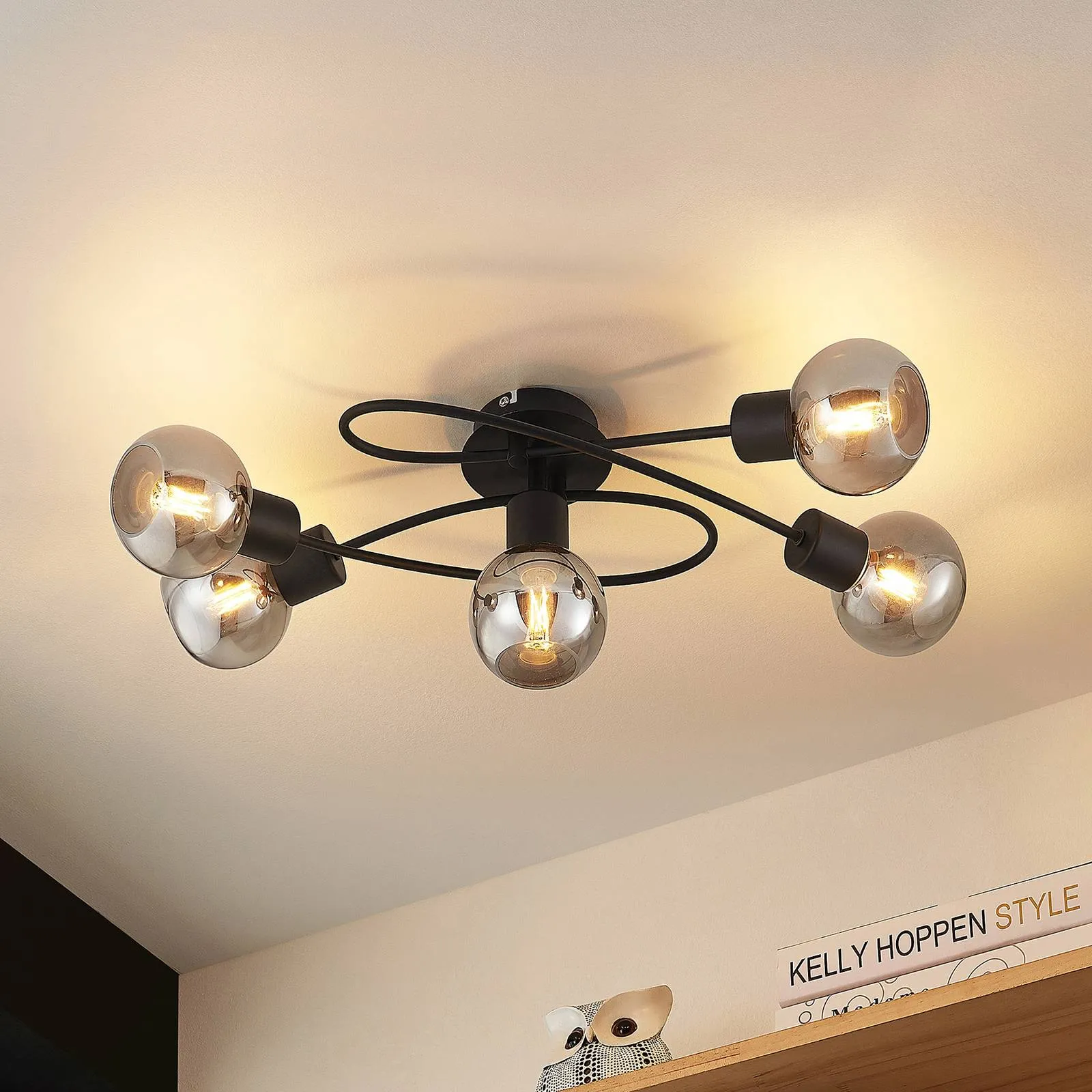Lindby Elaina LED ceiling lamp 5-bulb long, smoke