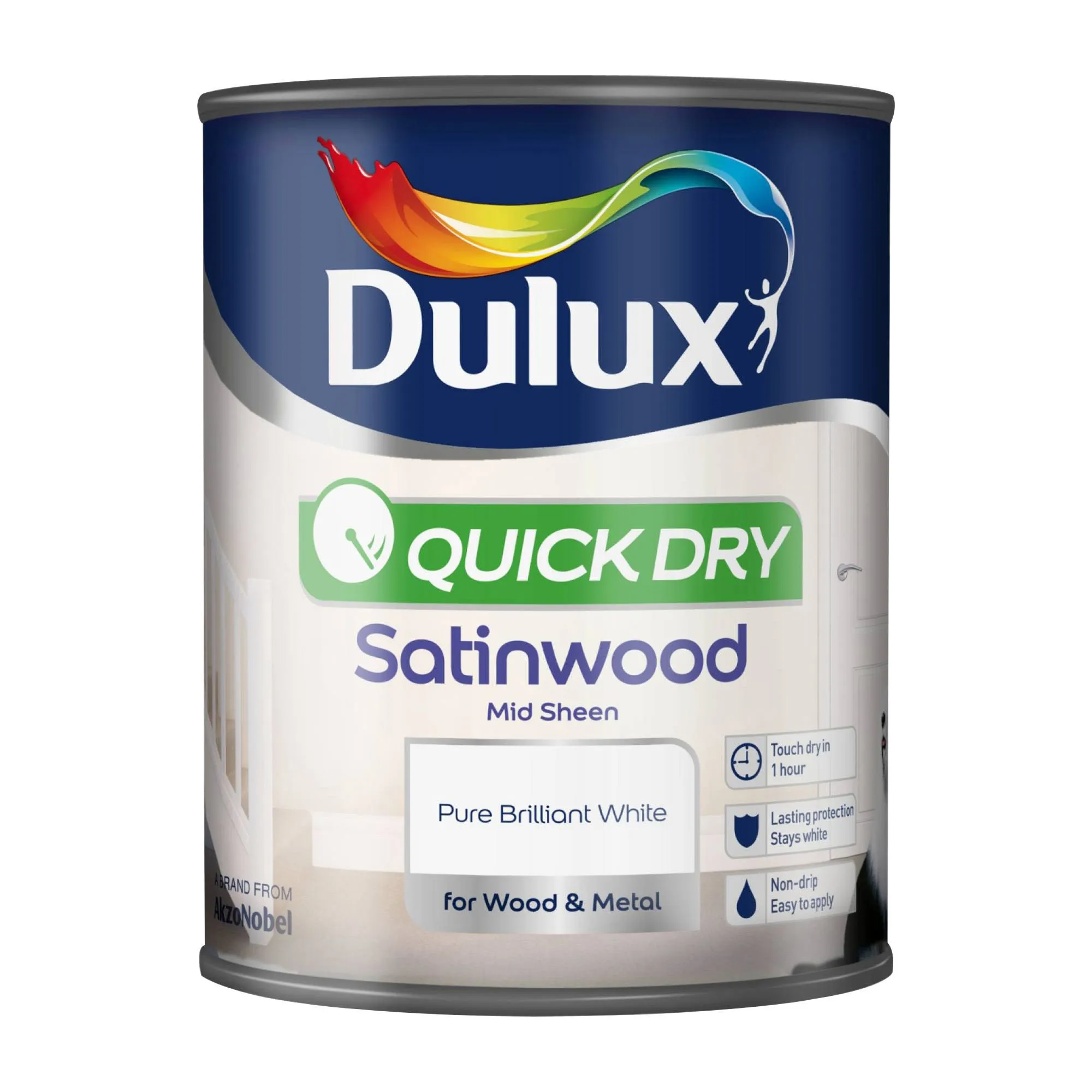 Dulux Quick dry Pure brilliant white Satinwood Metal & wood paint, 0.75L