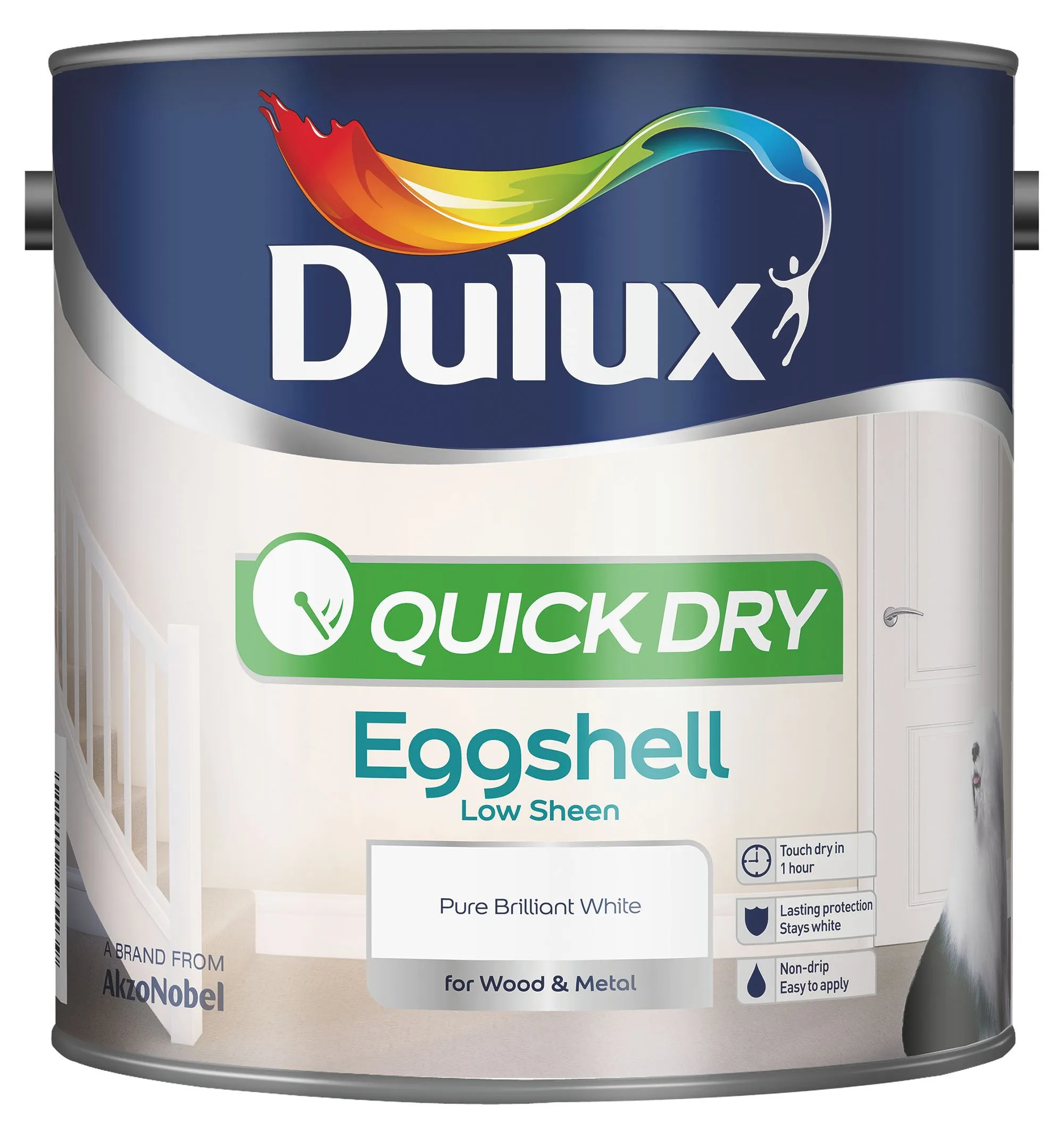 Dulux Quick dry Pure brilliant white Eggshell Metal & wood paint, 2.5L