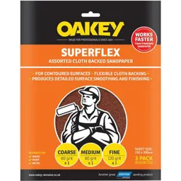 Oakey Superflex Aluminium Oxide Sandpaper - Assorted Grit, Pack of 3