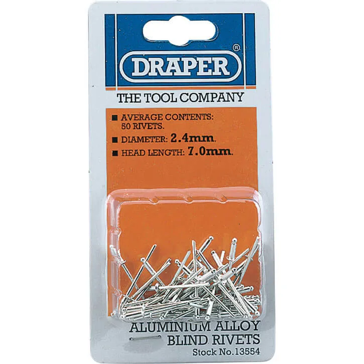 Draper Aluminium Pop Rivets - 2.4mm, 7mm, Pack of 50