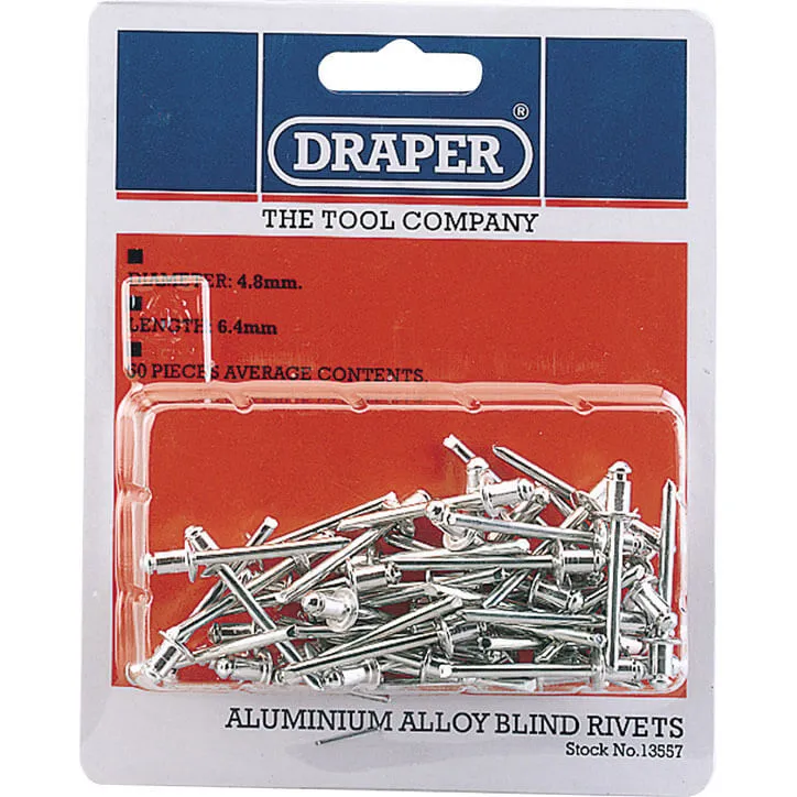 Draper Aluminium Pop Rivets - 4.8mm, 5.8mm, Pack of 50