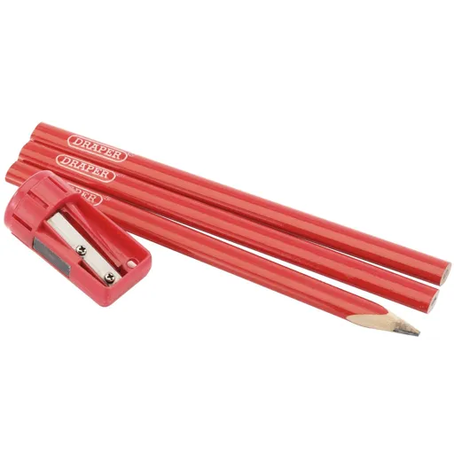 Draper Red Medium Carpenters Pencils and Sharpener - Pack of 6