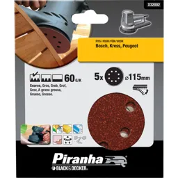 Black and Decker Piranha Quick Fit ROS Sanding Discs 115mm - 115mm, 60g, Pack of 5