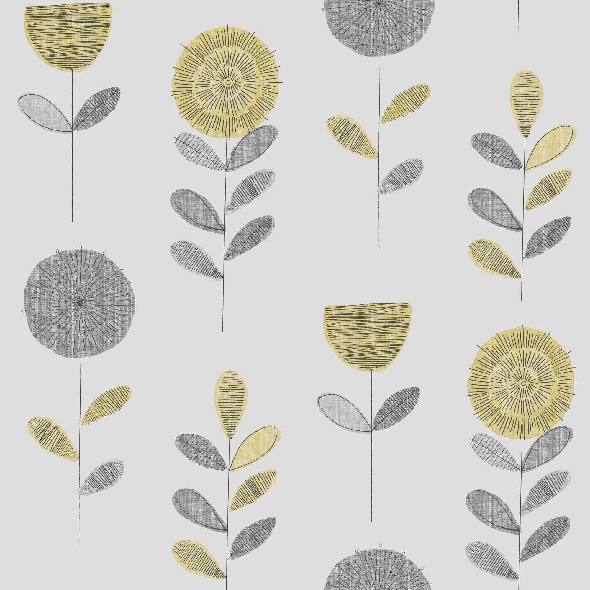 Fresco Grey & yellow Flower sketch Smooth Wallpaper