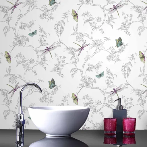Contour White Nature trail Silver effect Textured Wallpaper