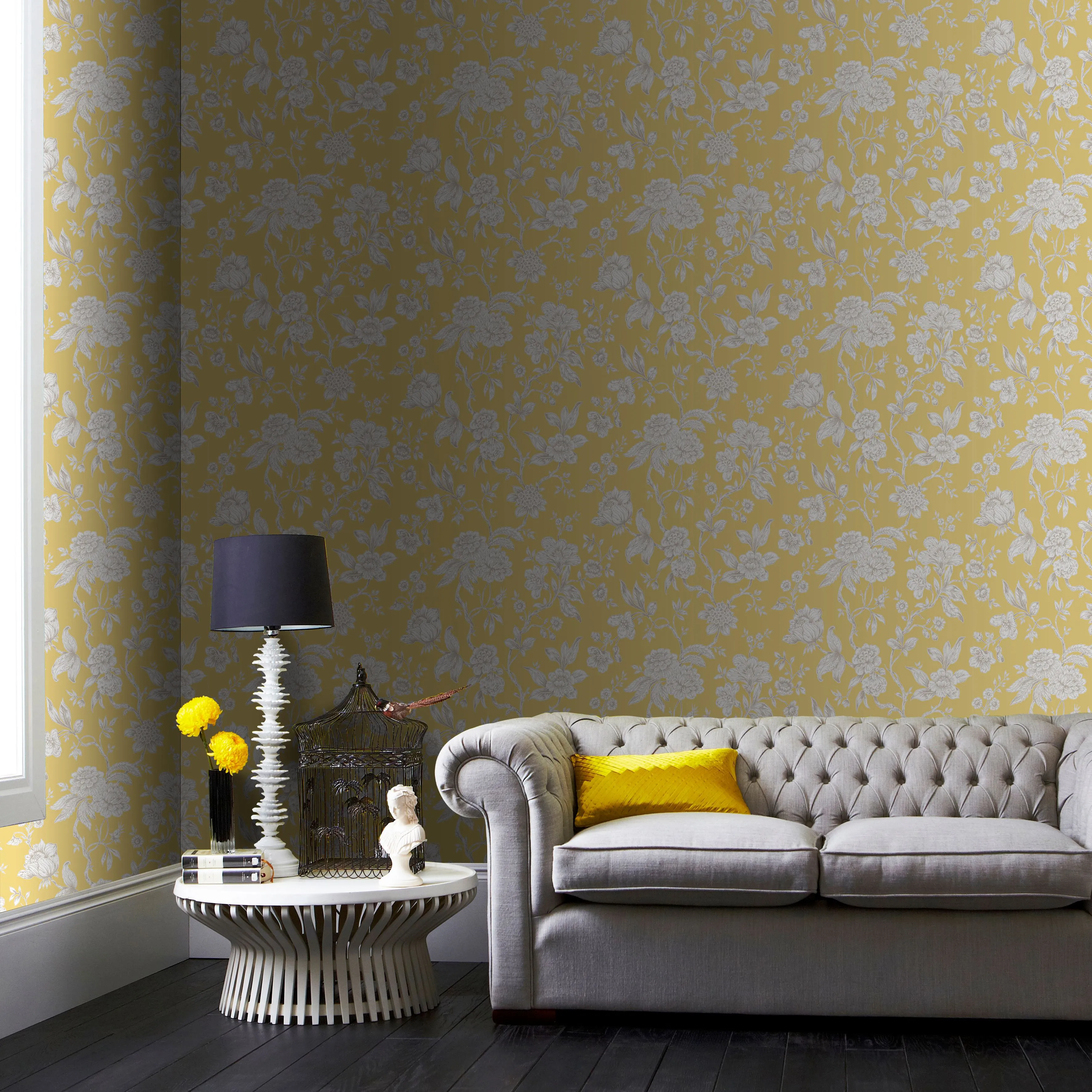 Boutique Meadow land Yellow Floral Metallic effect Smooth Wallpaper
