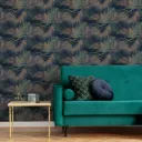 Boutique Jungle glam Blue, copper & green Leaves Smooth Wallpaper