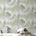 Boutique Jungle glam Green & white Leaves Metallic effect Smooth Wallpaper