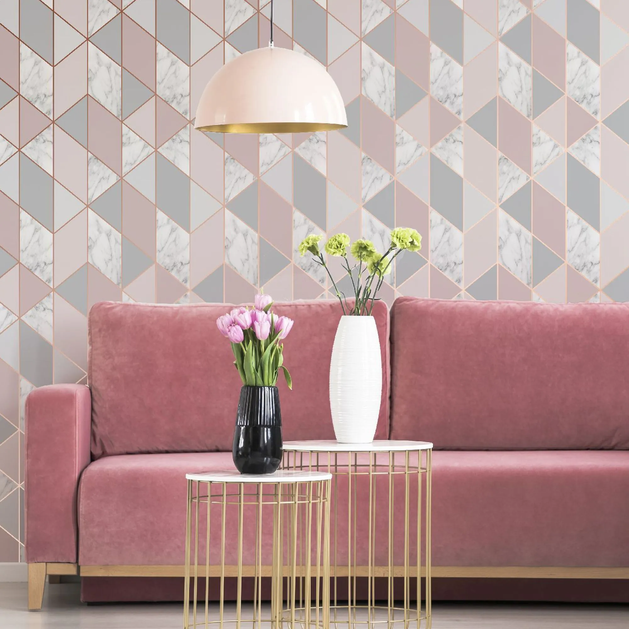 Sublime Marble Pink Geometric Metallic effect Smooth Wallpaper