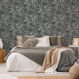 Boutique Sappor Petrol blue Leaves Gold effect Textured Wallpaper