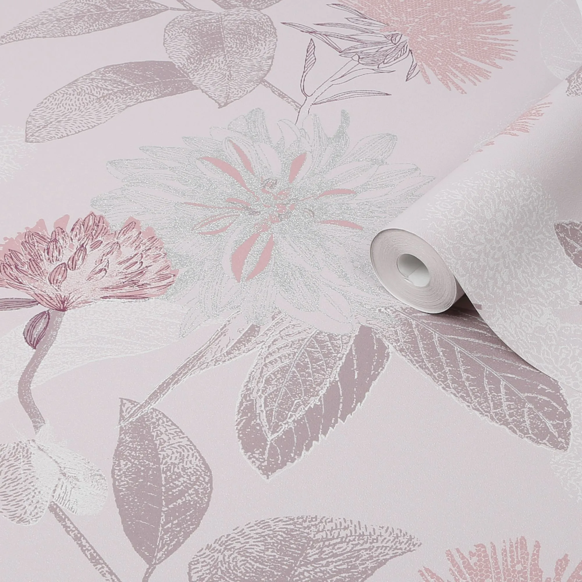 Boutique Zara Pink Floral Metallic effect Textured Wallpaper
