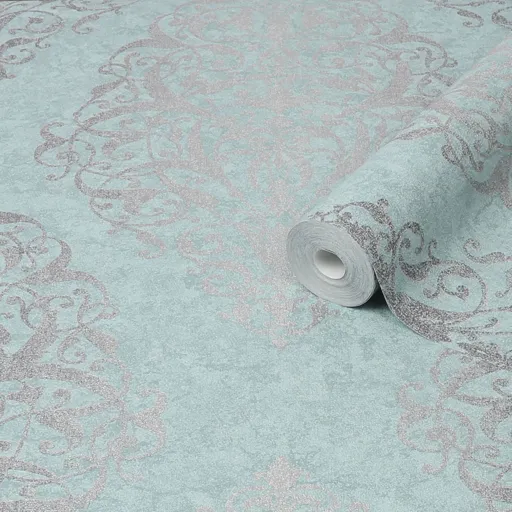 Boutique Shiraz Green & teal Damask Metallic effect Textured Wallpaper