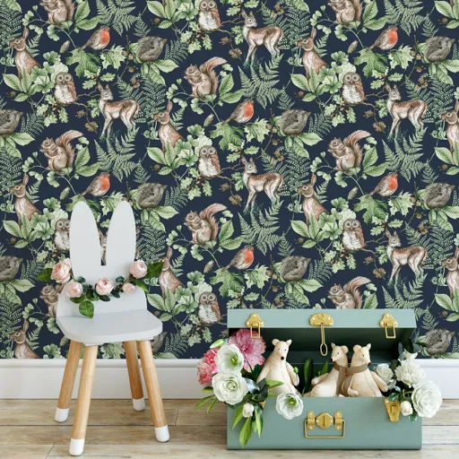 Superfresco Easy Navy Woodland animals Smooth Wallpaper