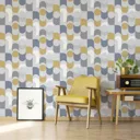 Fresco Retro Grey, navy & ochre Geometric Smooth Wallpaper