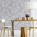 Boutique Royal palm Grey Leaf Silver effect Textured Wallpaper